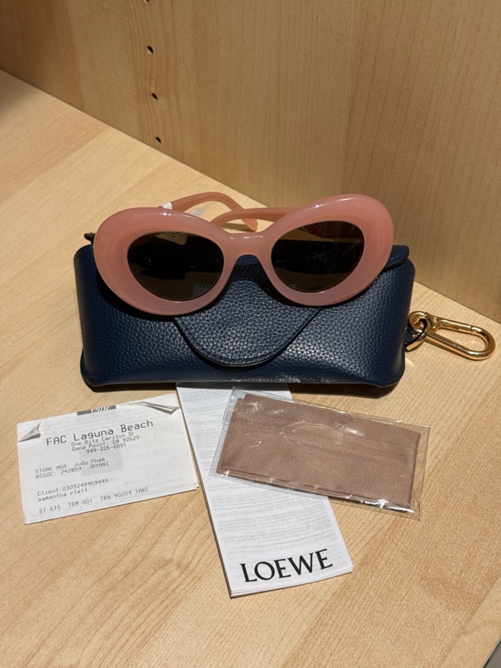 NWT Loewe Pink Oval Resin Sunglasses with Navy Case and Gold Clip